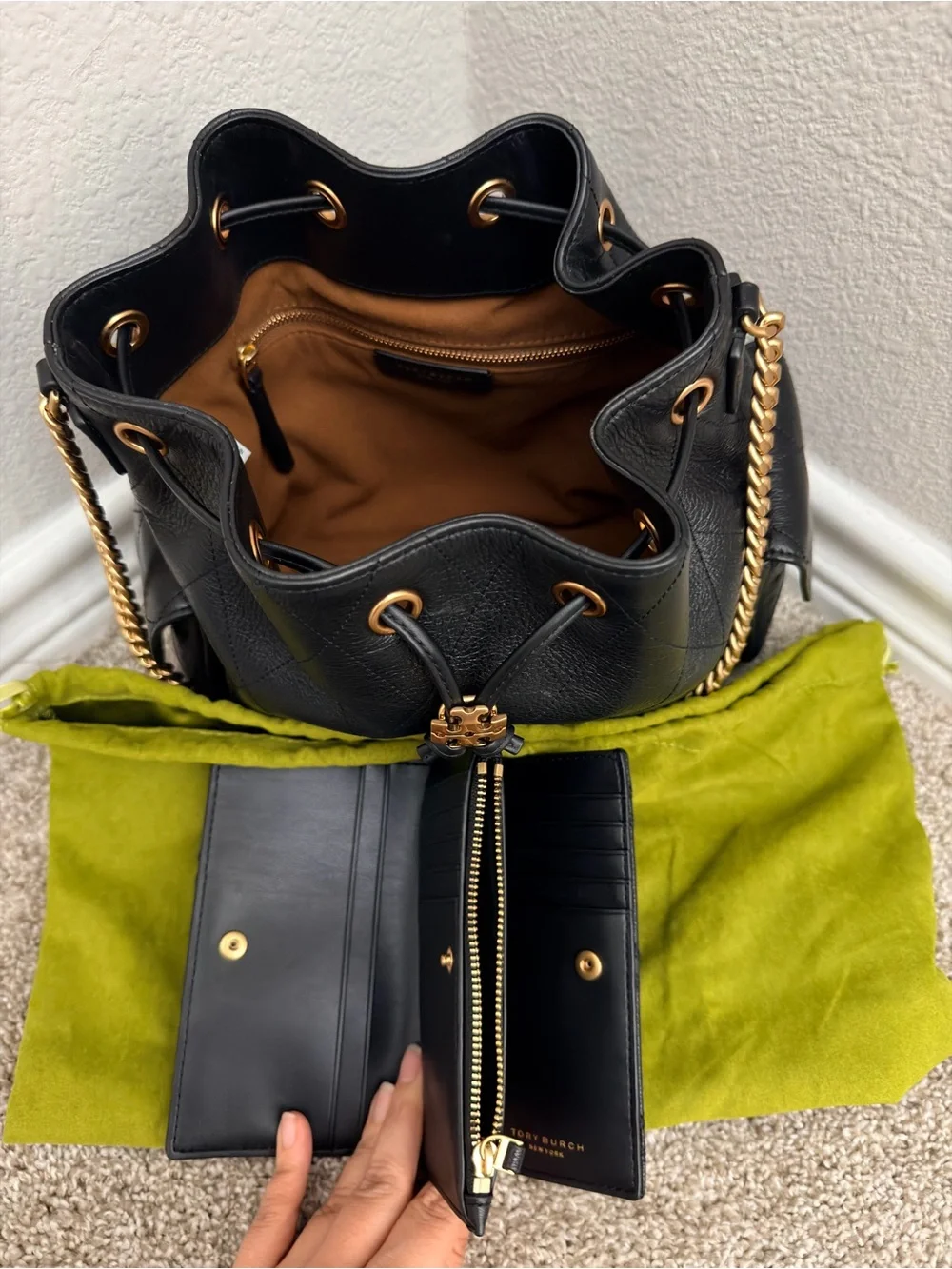Tory Burch Charlie Quilted Leather Drawstring Shoulder Bag - Black with Wallet